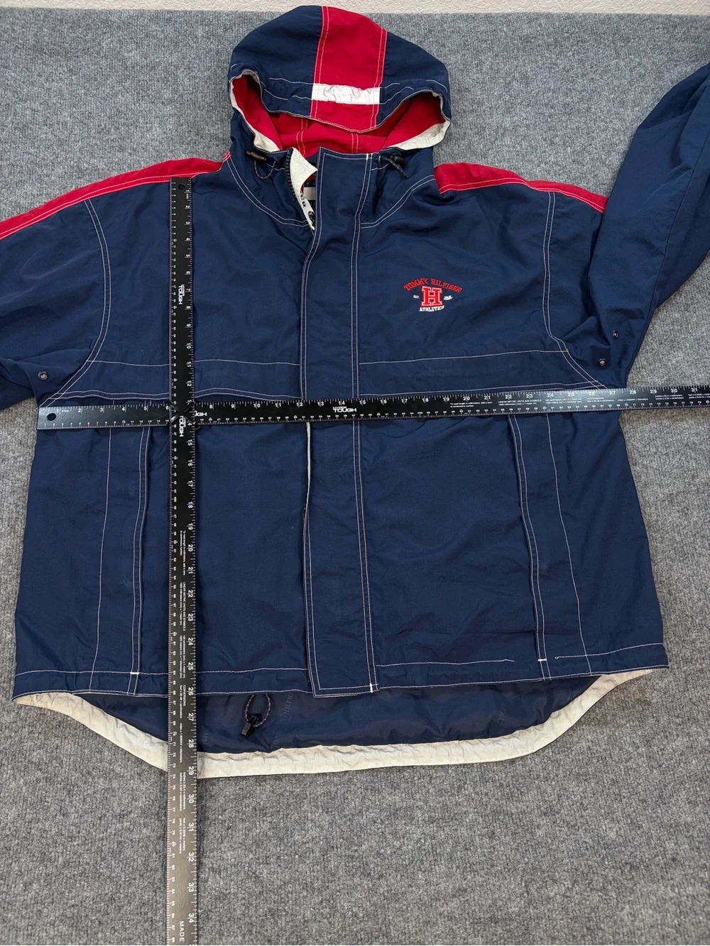 VTG 90s Tommy Hilfiger Athletics Hooded Windbreaker Jacket XL Navy Red Gorpcore